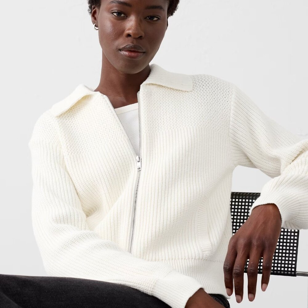 BANANA REPUBLIC FACTORY Textured Sweater Zip Cardigan Jacket Size L Ivory NWT
